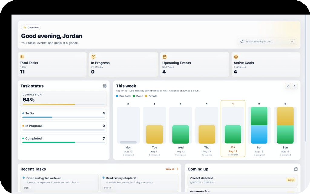 LUX dashboard showing tasks, events, and weekly progress