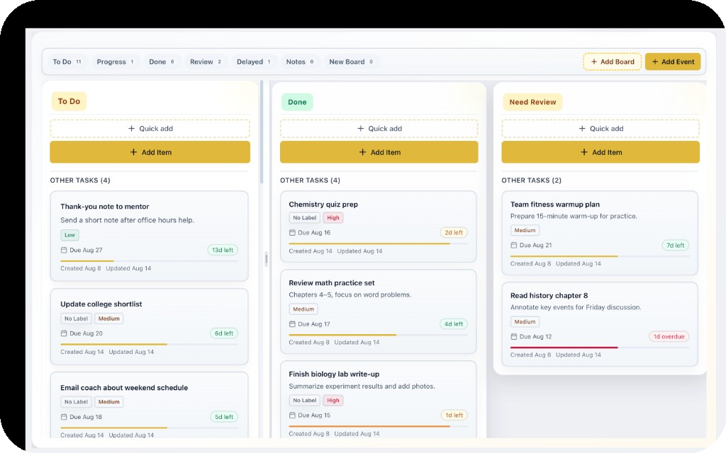 LUX Kanban board with to-do, done, and review columns